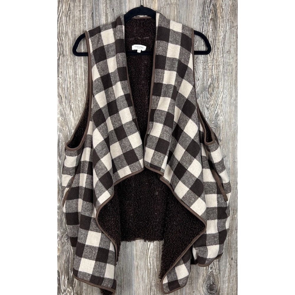Sweet Lovely by Jen Buffalo Plaid Faux Sherpa Lined Vest Brown Tan 3XL Warm Cozy